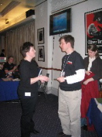 Lys Johnson talking to Ravensbourne student