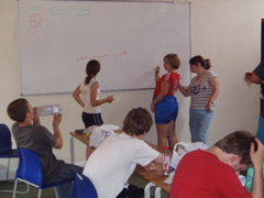 After a long, hot morning in full sun, we retreat for lunch in a cool classroom