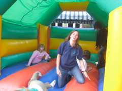 Having cooked dinner and tidied away (sorry no photos), we blew up the bouncy castle.