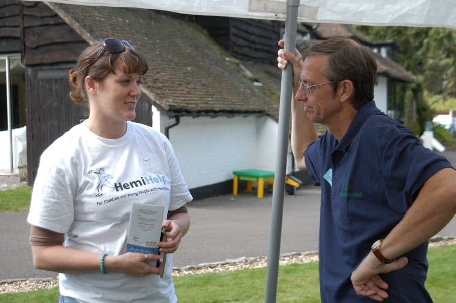 Alice Doyle, of HemiHelp chats to Neil Clark of Stepping Stones School